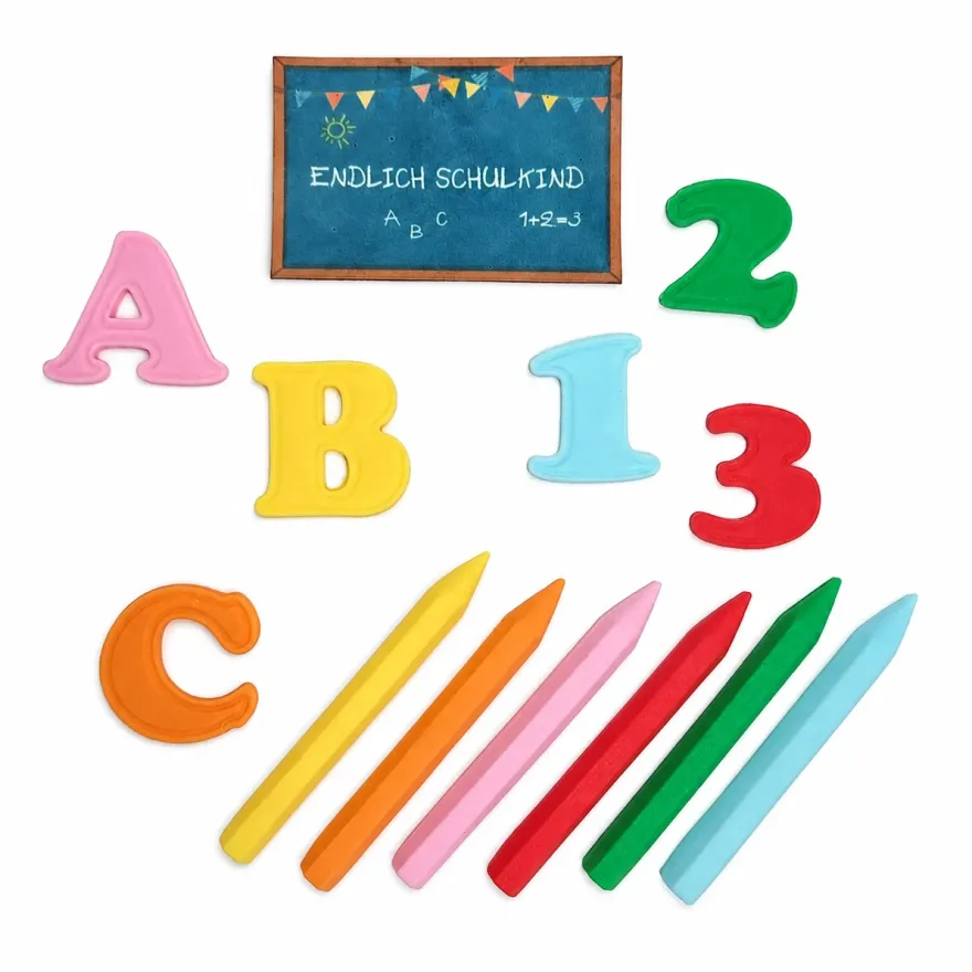 Bunte Zuckerdekoration Einschulung - Tafel, Stifte, Buchstaben