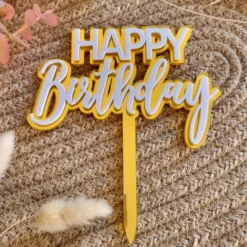 Cake Topper Acryl "Happy Birthday" metallic Gold/Weiß