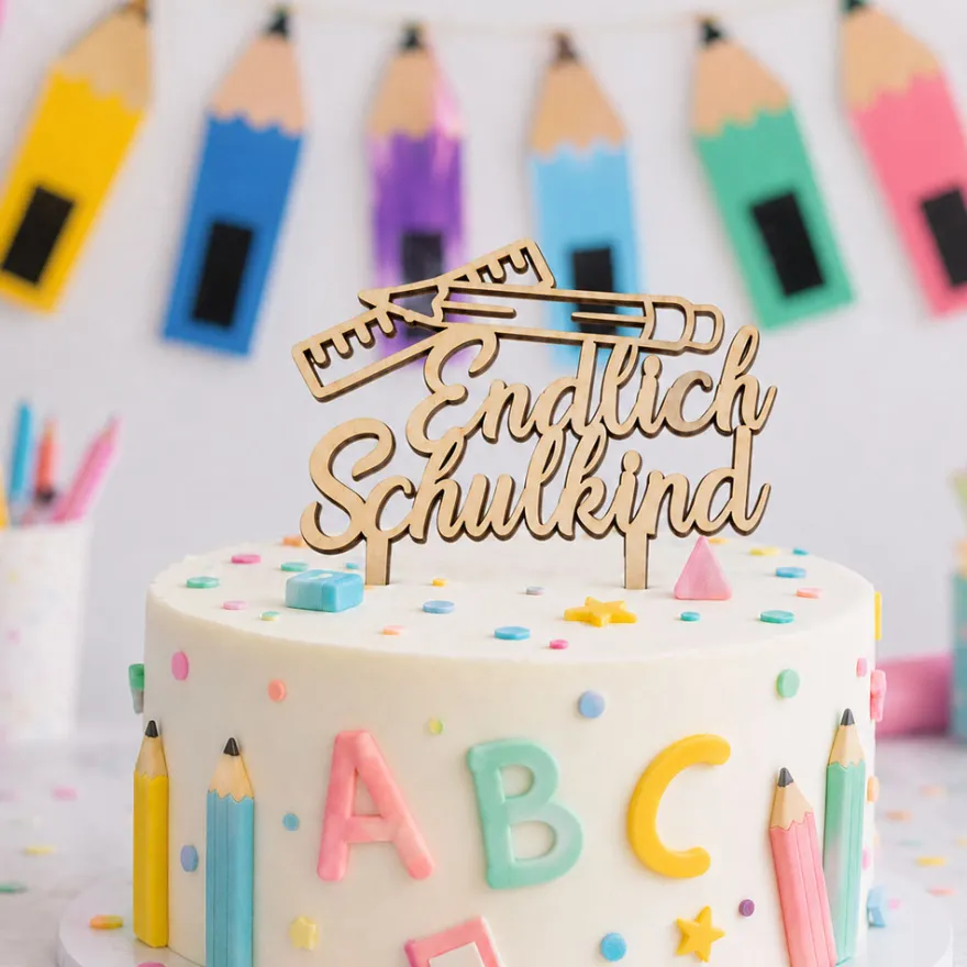 Cake Topper Holz- Endlich Schulkind Lineal & Stift