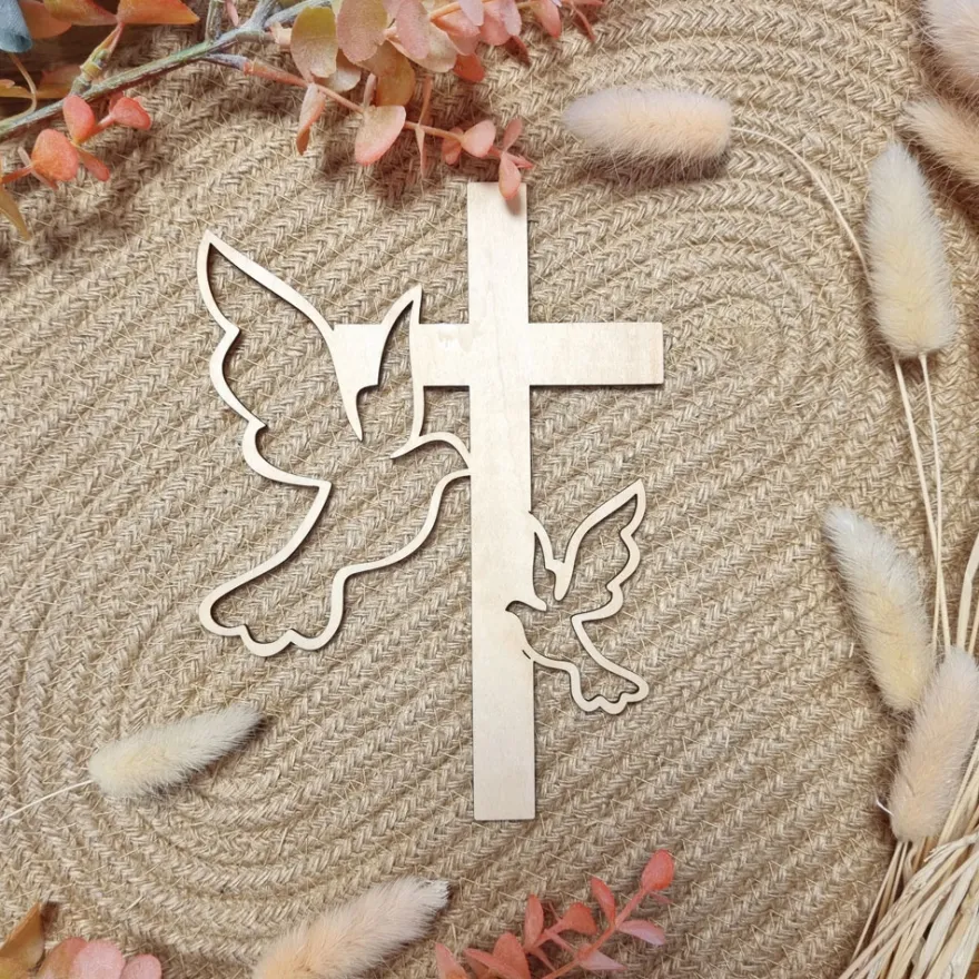 Cake Topper Holz - Kreuz mit Taube