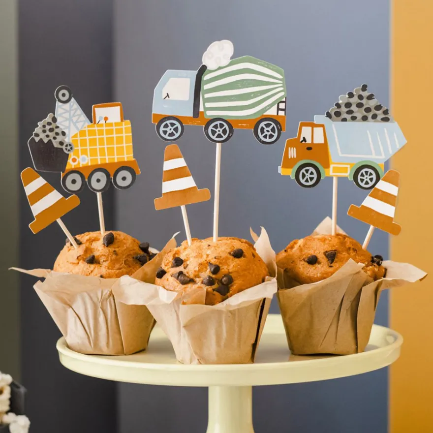 Cupcake Topper Baustelle - Baufahrzeuge und Pylonen