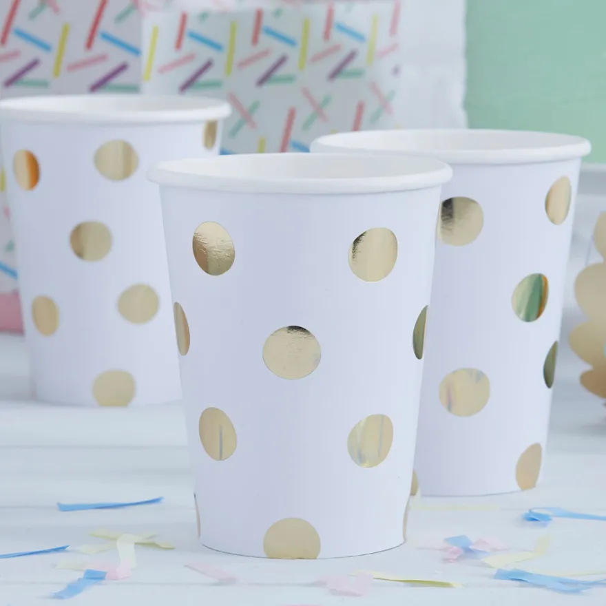 Ginger Ray Pappbecher Polka Dots Gold - 8 Stück