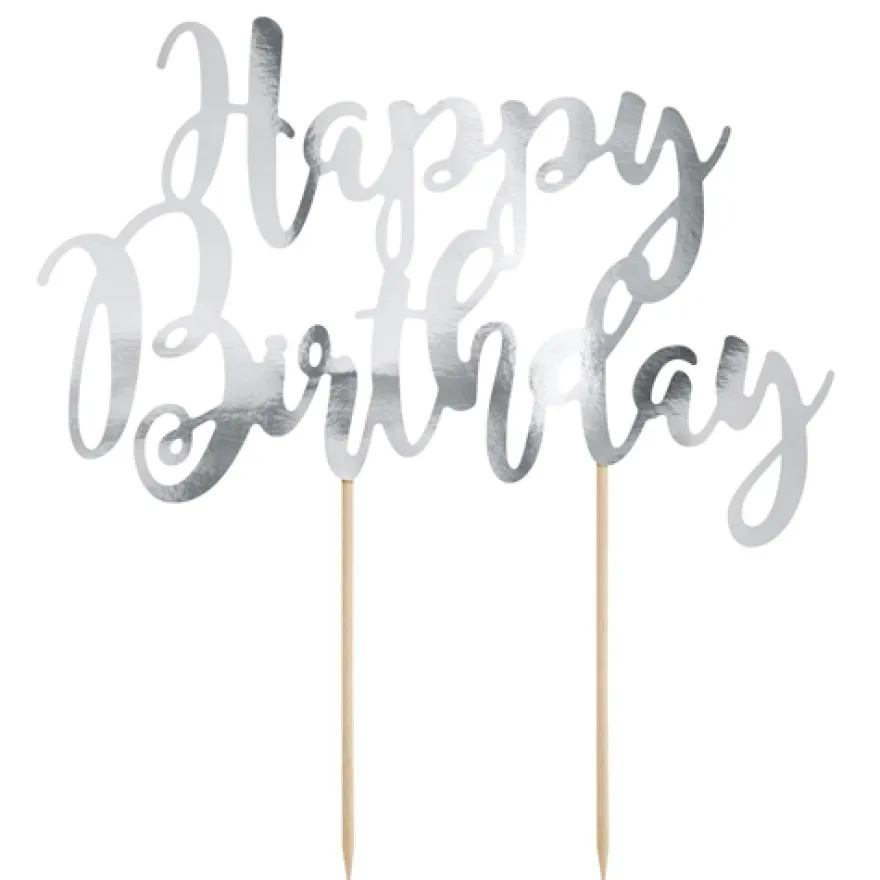 PartyDeco Cake Topper Happy Birthday - Silber