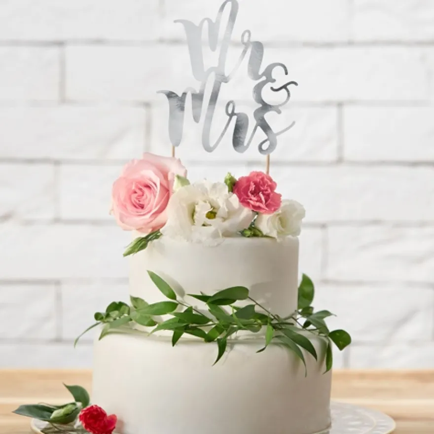 PartyDeco Cake Topper Mr & Mrs - Silber