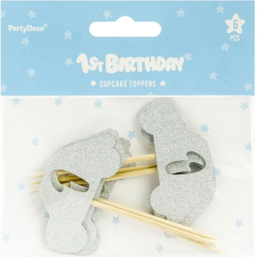 PartyDeco Cupcake Topper Auto - 1 Geburtstag Silber
