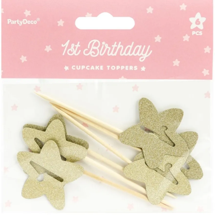 PartyDeco Cupcake Topper Sterne - 1 Geburtstag Gold