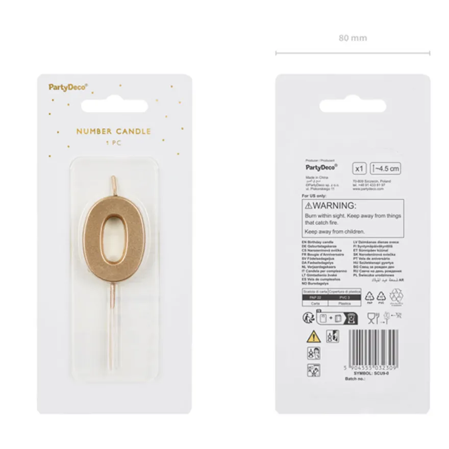 Partydeco Geburtstagskerze Zahlenkerze Gold - Zahl 0