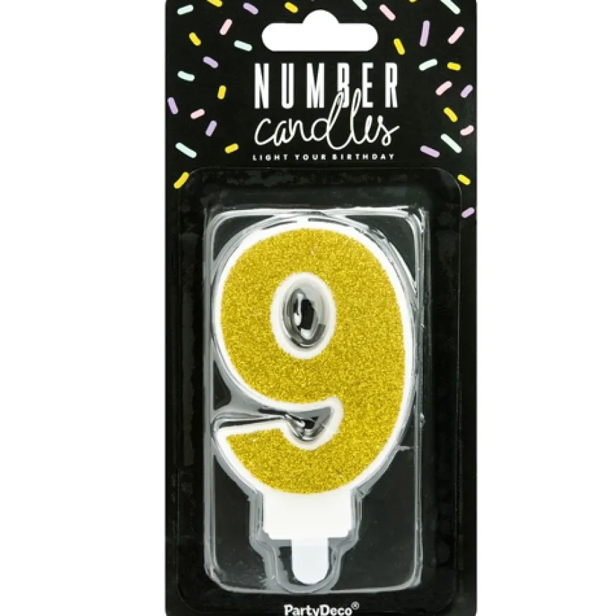 PartyDeco Zahlenkerze Gold - Nummer 9