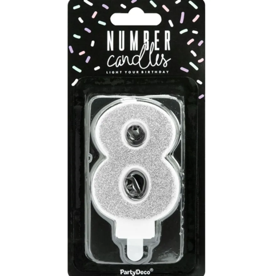PartyDeco Zahlenkerze Silber - Nummer 8