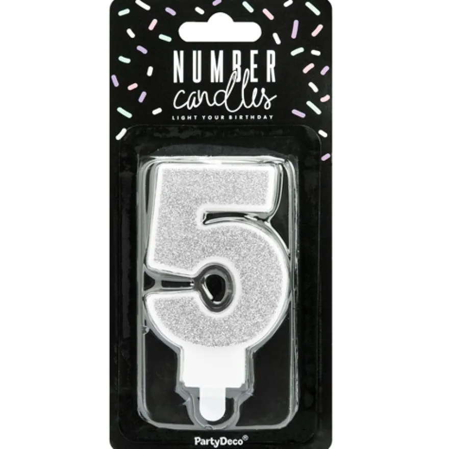 PartyDeco Zahlenkerze Silber - Nummer 5