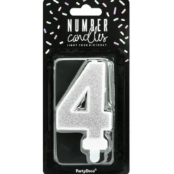 PartyDeco Zahlenkerze Silber - Nummer 4