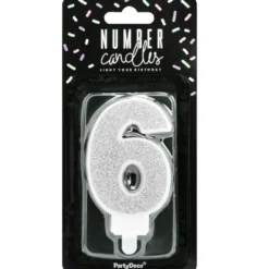 PartyDeco Zahlenkerze Silber - Nummer 6